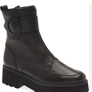 Paul Green Black Leather Front Zip Buckle Lug Sole Boots 34124 6.5